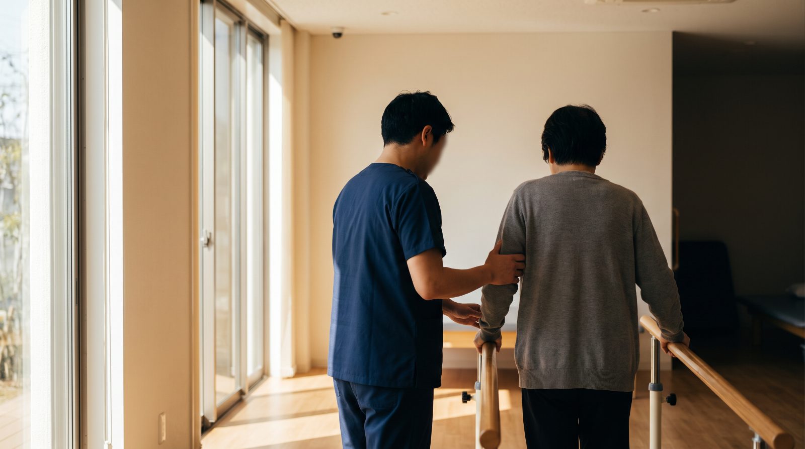 Physical therapist steadying a patient during rehabilitation after a serious injury