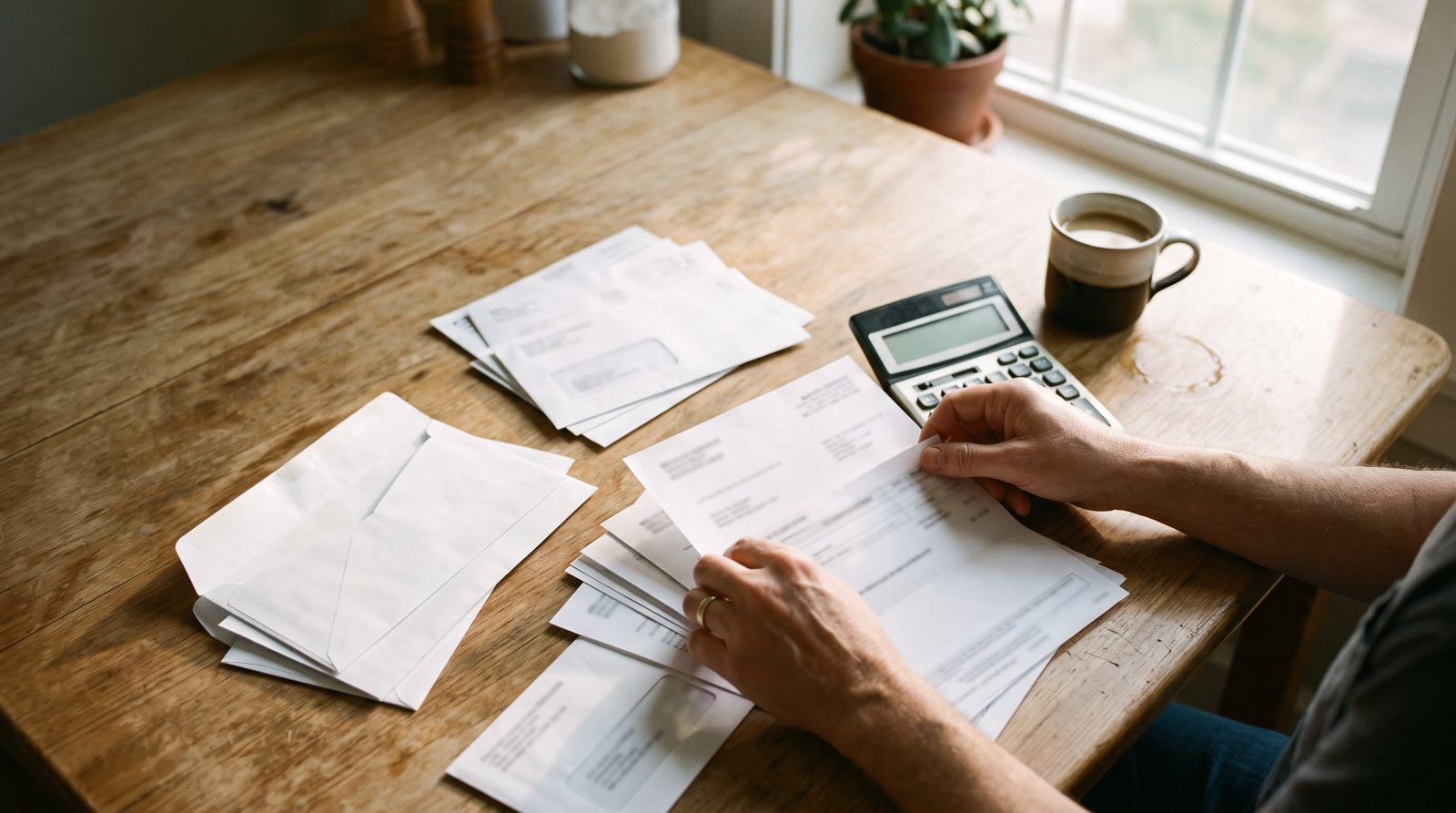 Sorting medical bills and expenses at a kitchen table after an accident
