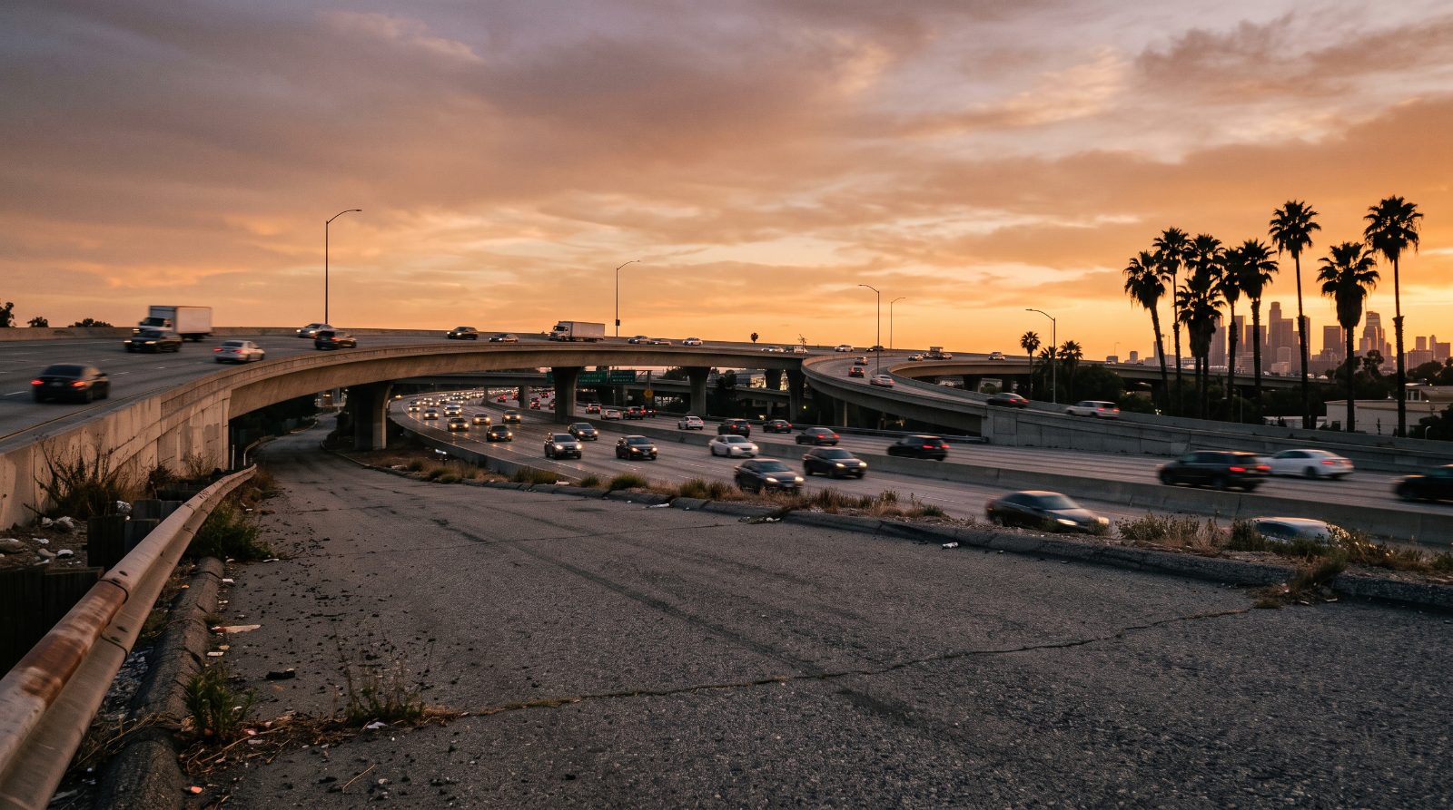 San Diego freeway interchange at sunset where car and truck crashes happen