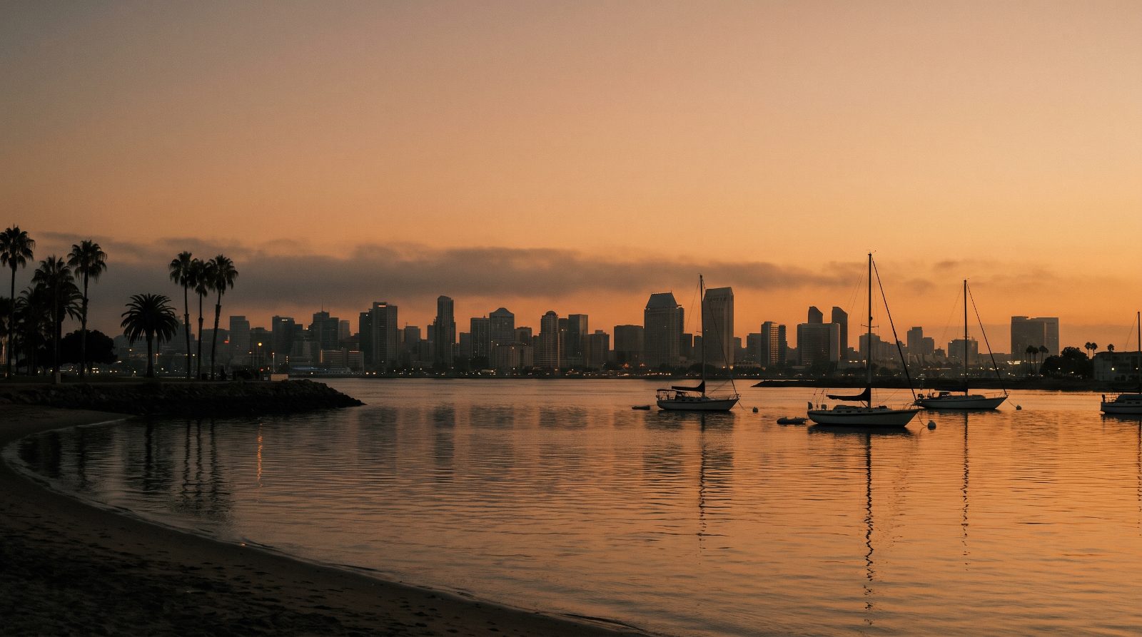 Downtown San Diego skyline across the harbor at dusk